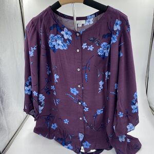 J. Jill Top Women's Size 1X Floral Button Front Blouse Purple Blue Tie Back